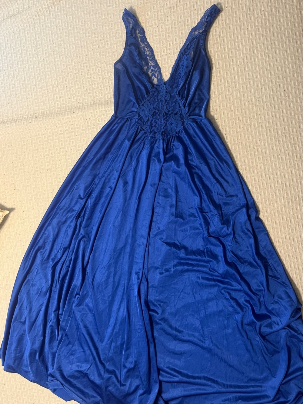 Vintage Olga 9227 Cobalt Blue Lace-Trim V-Neck Maxi Nightgown